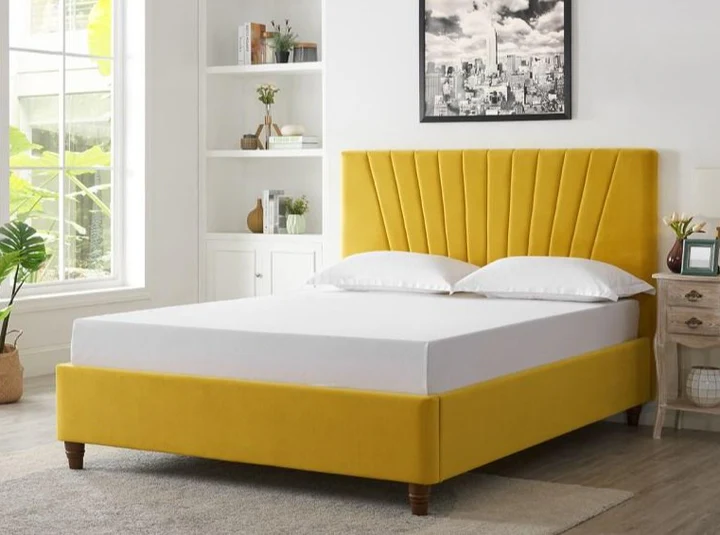 Lexie Double Bed in Mustard Yellow Velvet without storage